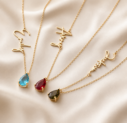 Dainty Name & Teardrop Birthstone Necklace