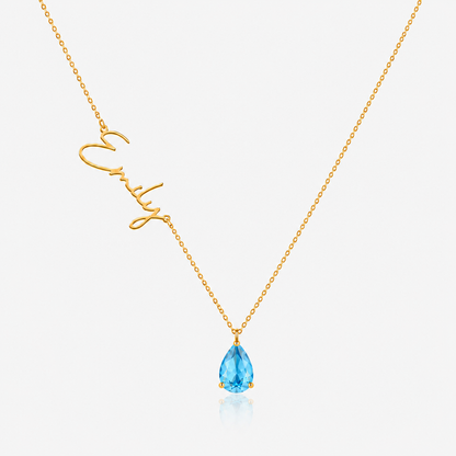 Dainty Name & Teardrop Birthstone Necklace