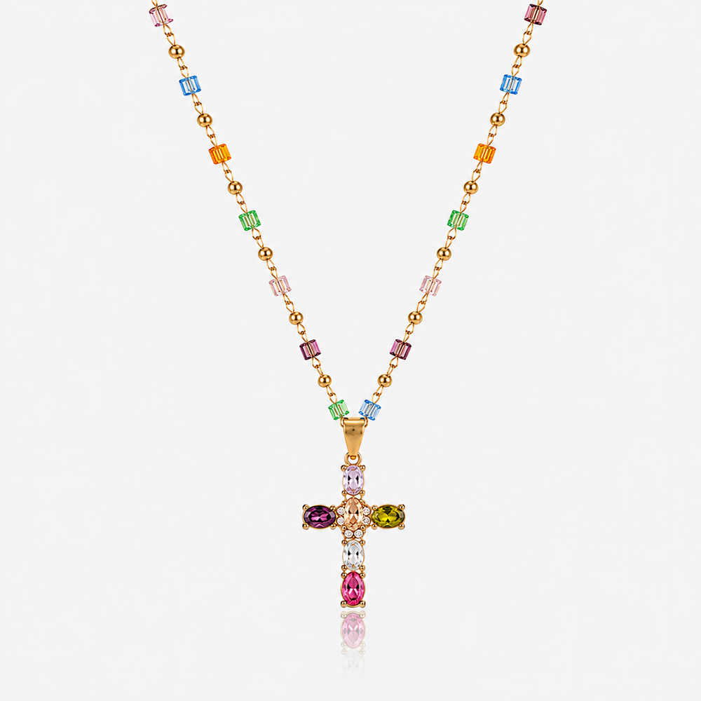 Dainty Colorful Gem Set Cross Necklace