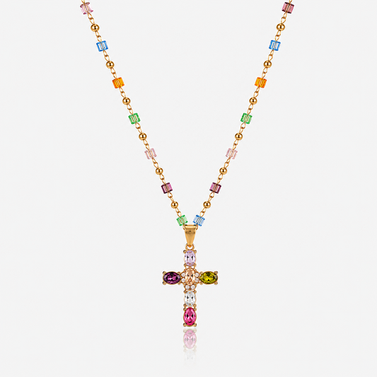 Dainty Colorful Gem Set Cross Necklace