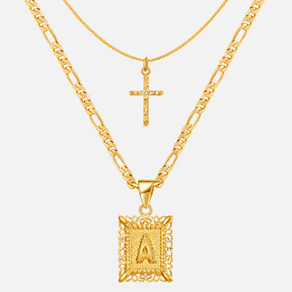 2pc 14k Initial & Cross Necklace Set