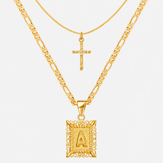 2pc 14k Initial & Cross Necklace Set