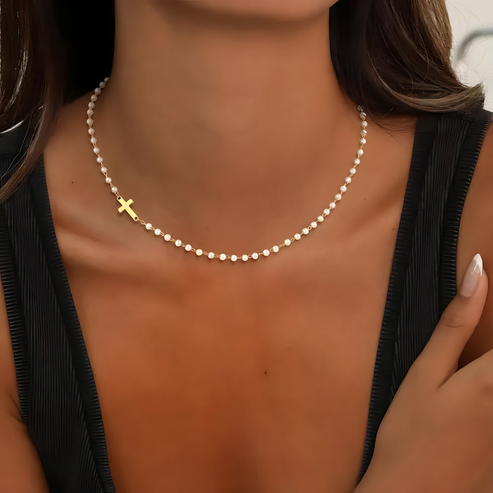 Dainty Cross & Pearls Necklace