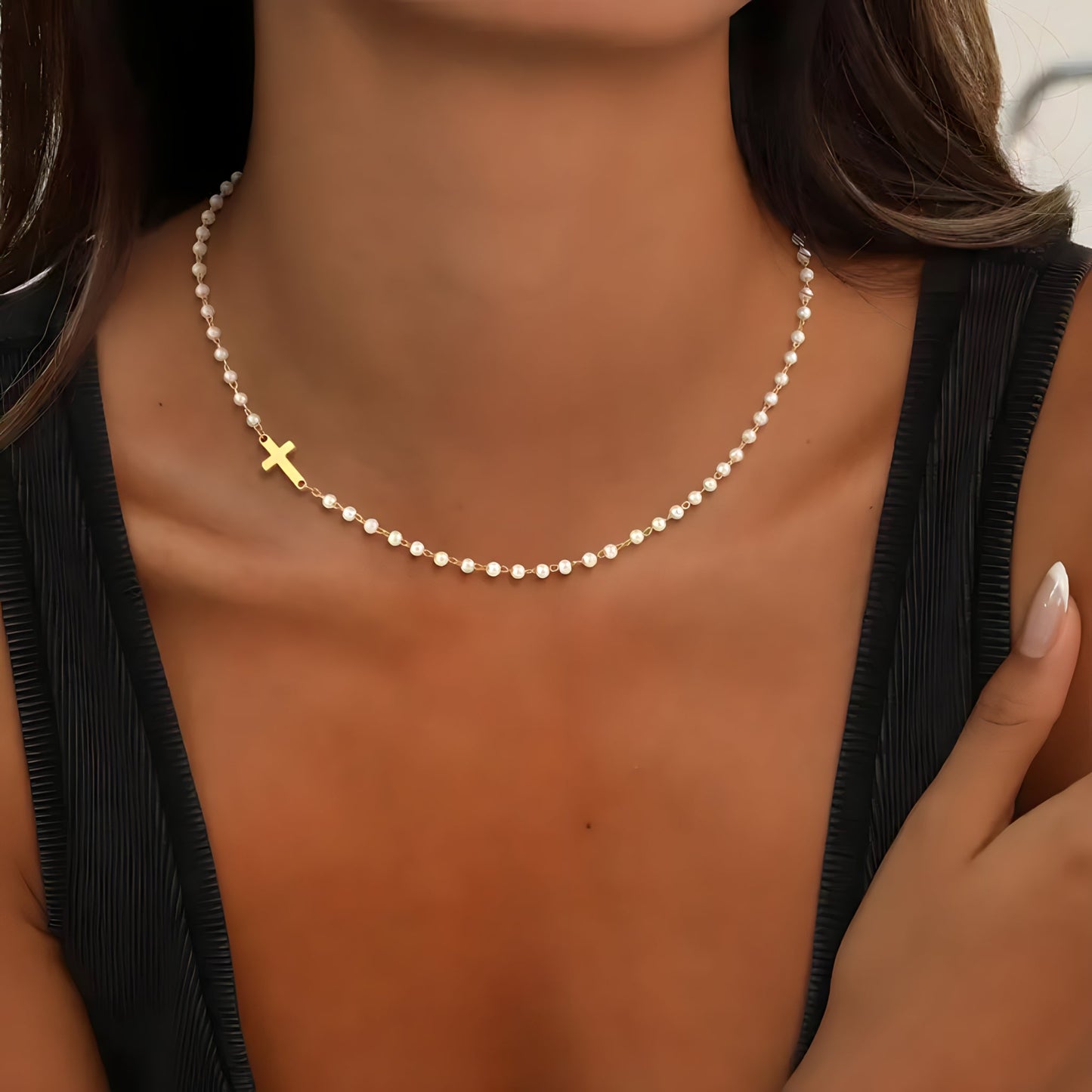 Dainty Cross & Pearls Necklace