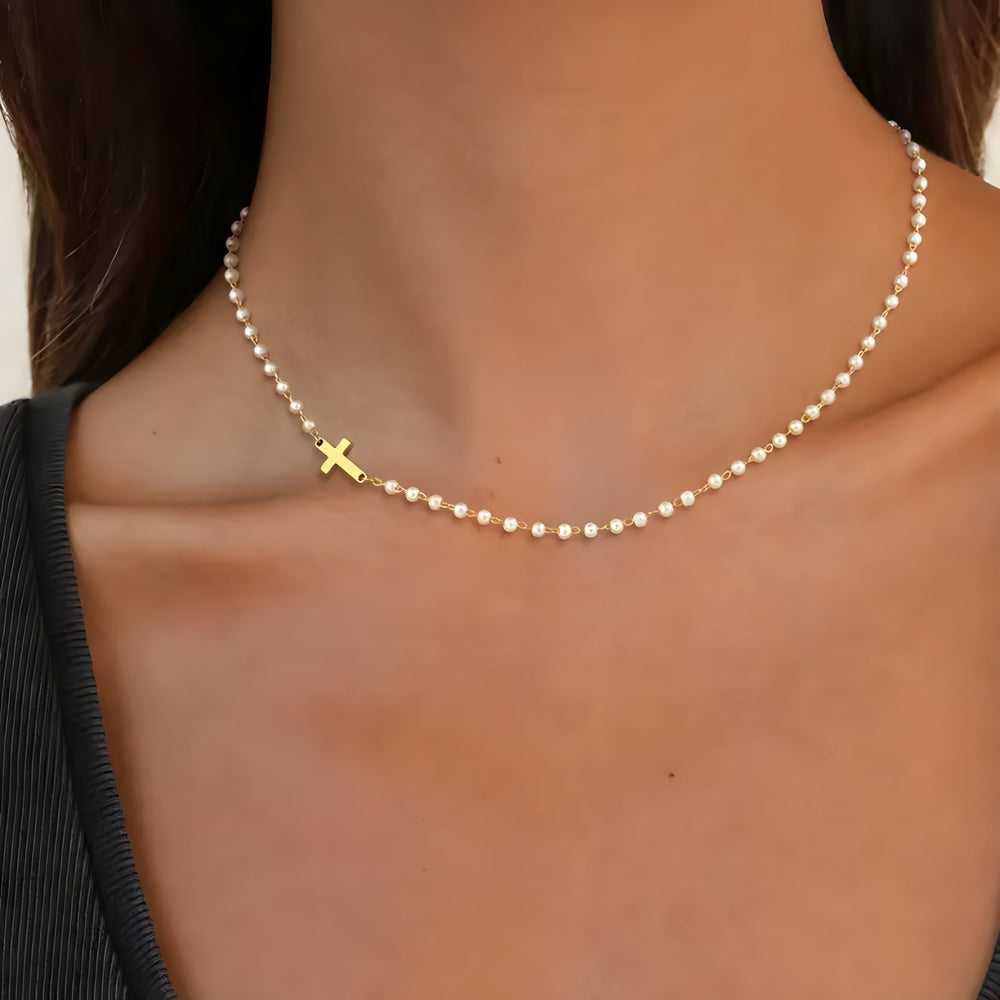 Dainty Cross & Pearls Necklace